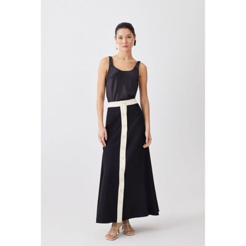 NWT Karen Millen | Twill Button Detailed Woven Midi Skirt | US 12 | Black, Cream